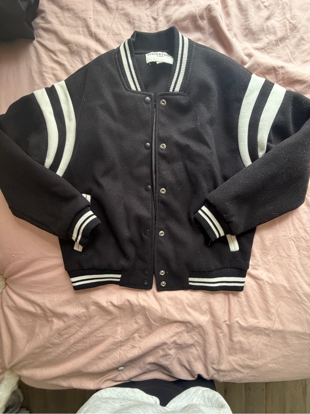 Women's Black Varsity Jacket with White Stripes